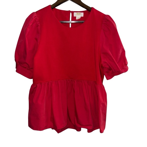 Anthropologie Red Puff Sleeve babydoll peplum Blouse valentines cottagecore - Picture 2 of 7
